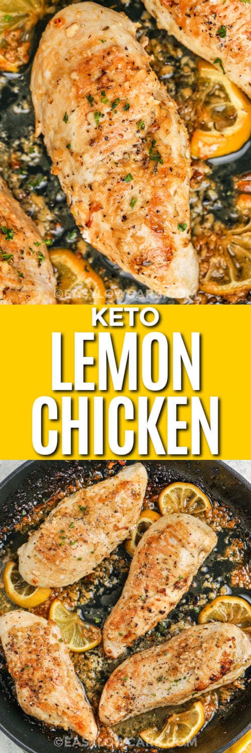 Lemon Garlic Chicken in the pan and close up photo with a title