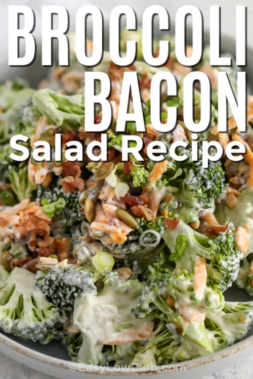 plated Broccoli Bacon Salad Recipe with a title