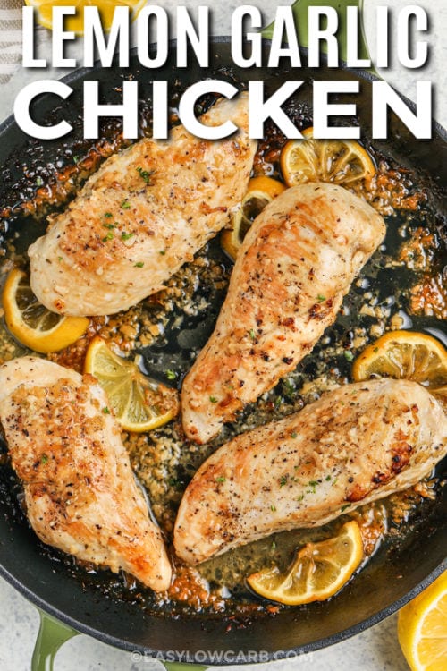 cooked Lemon Garlic Chicken with writing