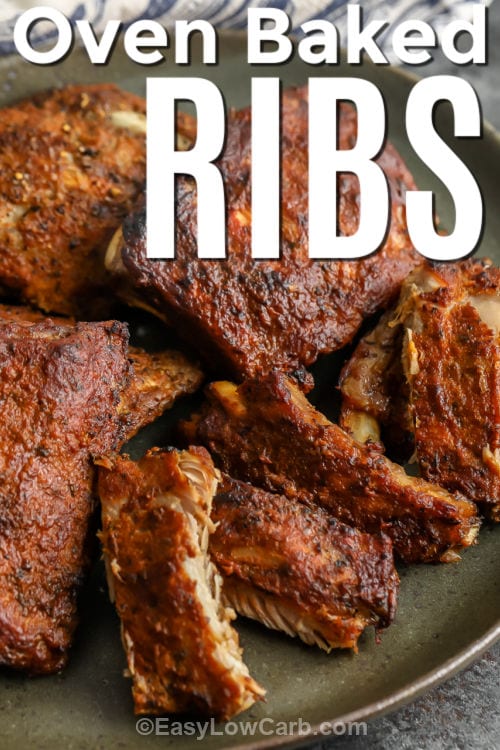plated Oven Baked Ribs with writing