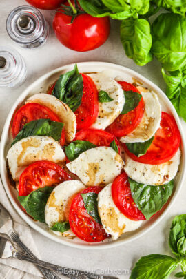 plated Caprese Salad Recipe with balsamic