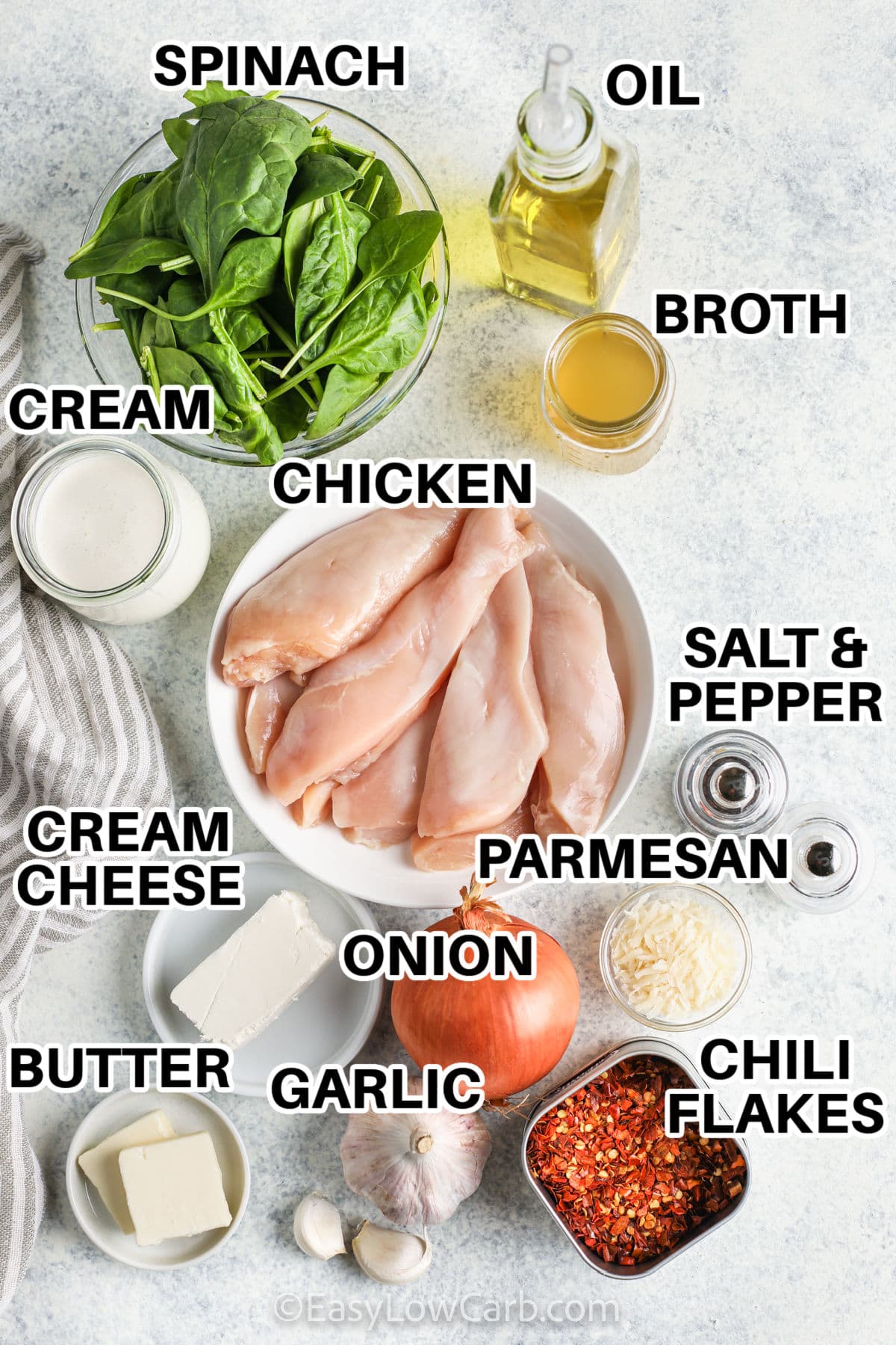 spinach , chicken , cream , oil , broth , cream cheese , butter , garlic , onion , parmesan , chili flakes with labels to make Creamy Spinach Chicken