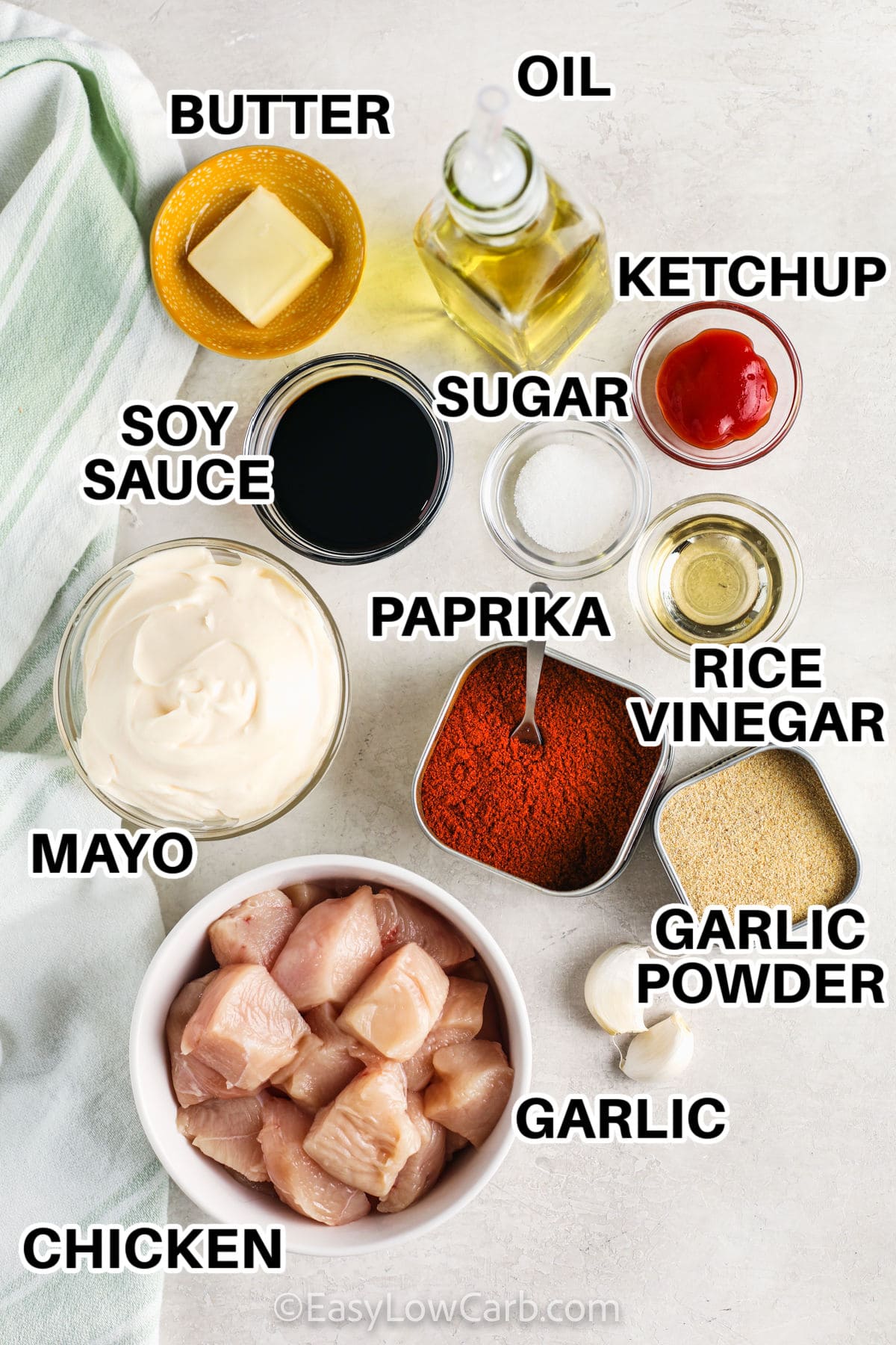 butter , oil , ketchup , sugar , paprika, garlic , soy sauce , mayo , garlic powder and chicken with labels to make Yum Yum Bowl