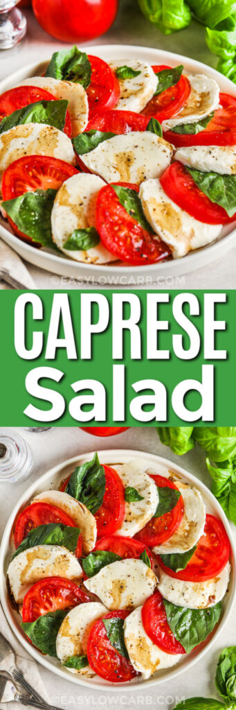 Caprese Salad Recipe on a plate and close up with a title
