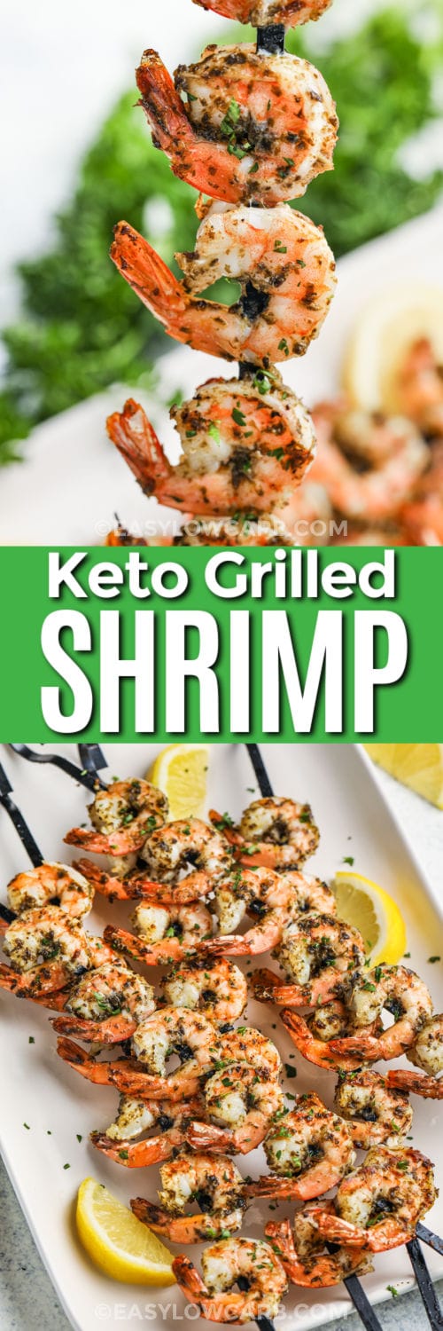 plated Grilled Shrimp Kabob Recipe and close up photo with a title