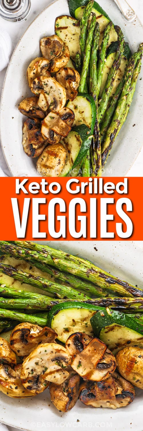 Grilled Vegetables on a plate and close up with writing