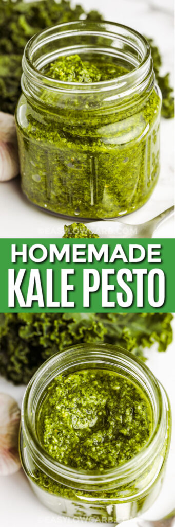 jar of Kale Pesto Recipe and close up with writing