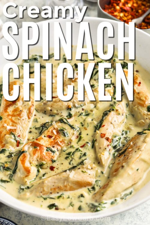 plated Creamy Spinach Chicken with parmesan and a title