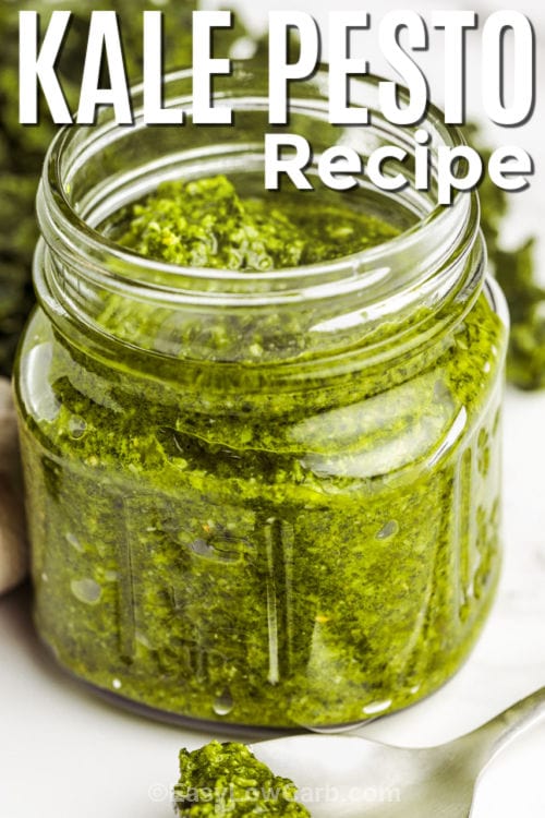Kale Pesto Recipe in a jar and on a spoon with a title