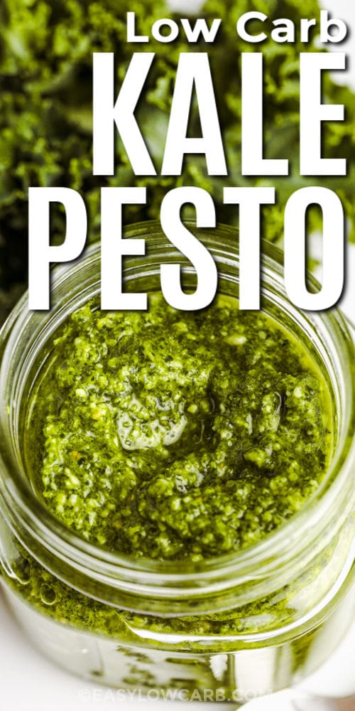 close up of Kale Pesto Recipe with writing