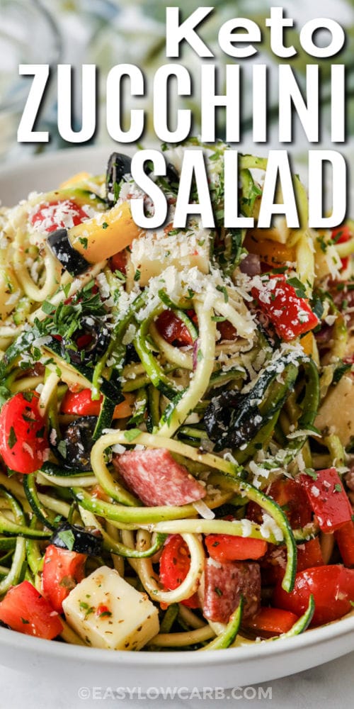 close up of plated Zucchini Pasta Salad with writing