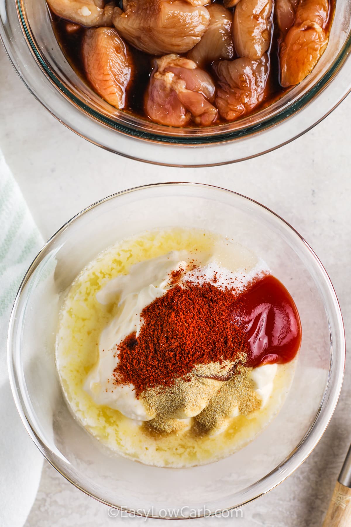 adding seasonings to sour cream to make dressing for Yum Yum Bowl