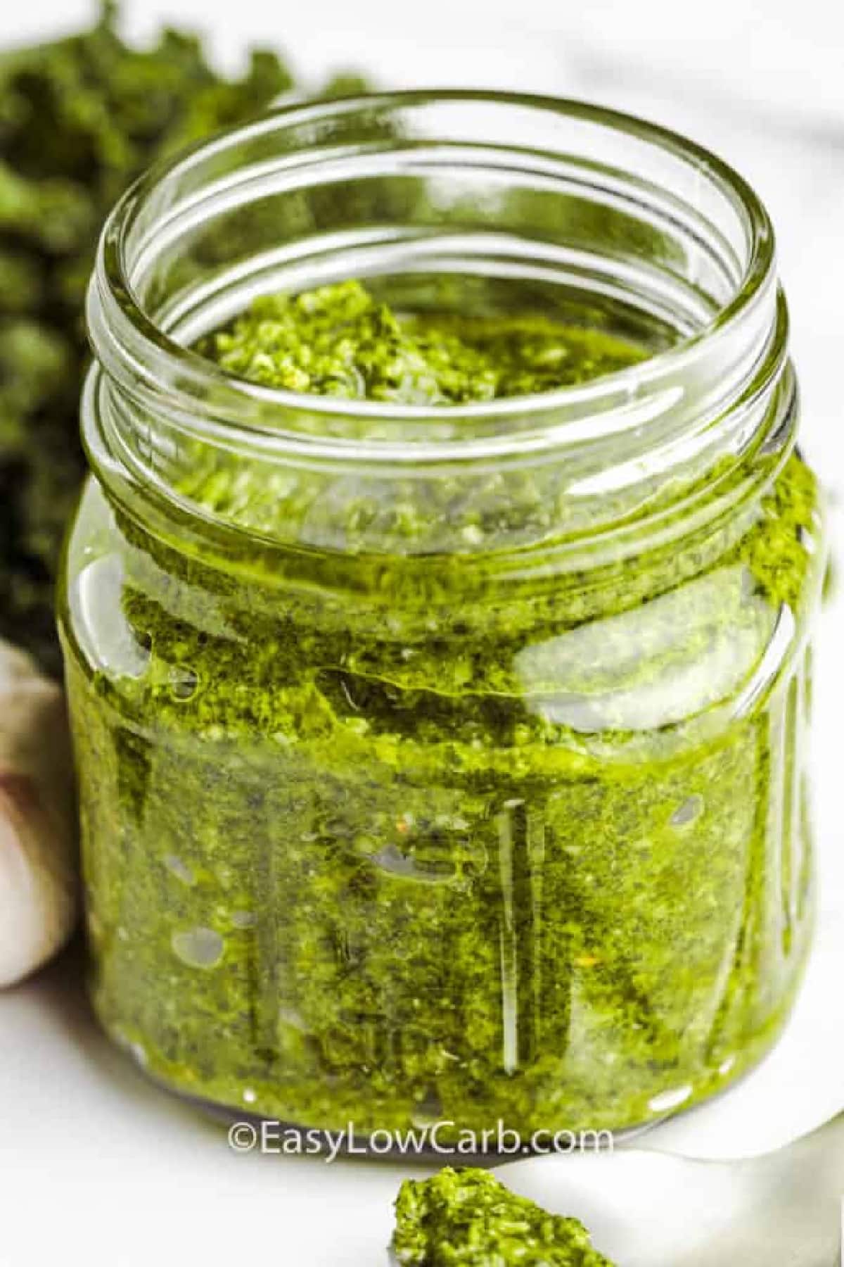 A clear jar full of Kale Pesto Recipe