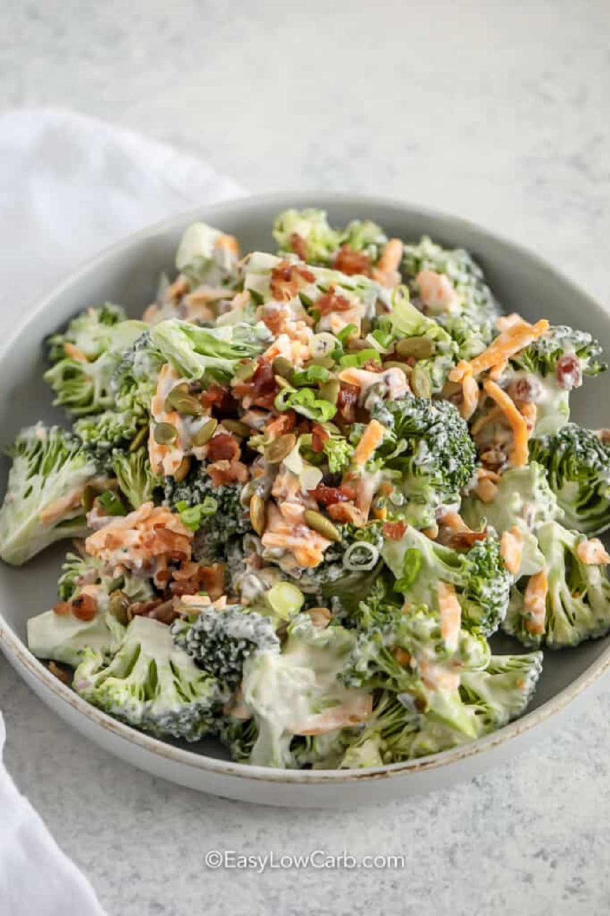 broccoli bacon cheese salad in a grey bowl, garnished with green onion