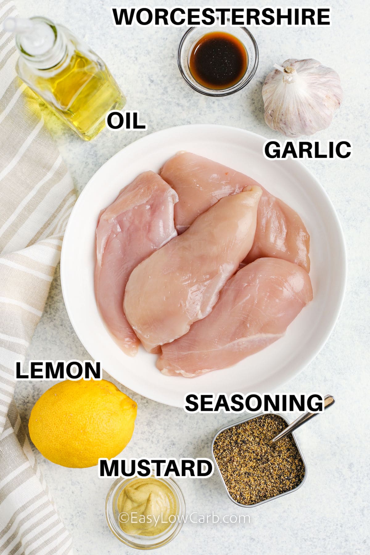 oil , garlic , worcestershire , lemon , seasoning , dijon mustard with labels to make Grilled Chicken Breasts
