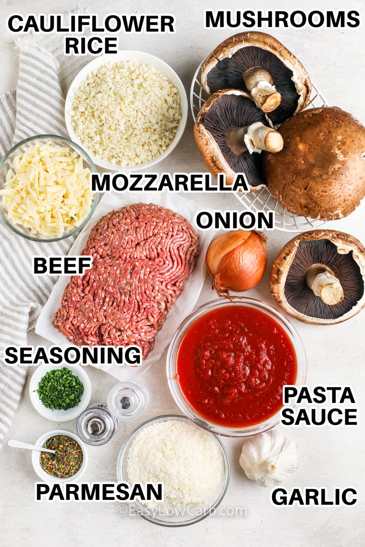ingredients with labels to make stuffed portobello mushroom recipe