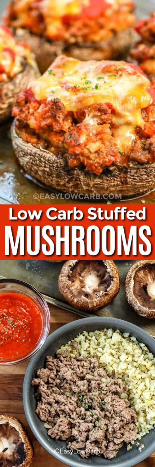 baked stuffed portobello mushroom recipe with melted cheese on the top, and ingredients assembled to make stuffed portobello mushroom recipe under the title