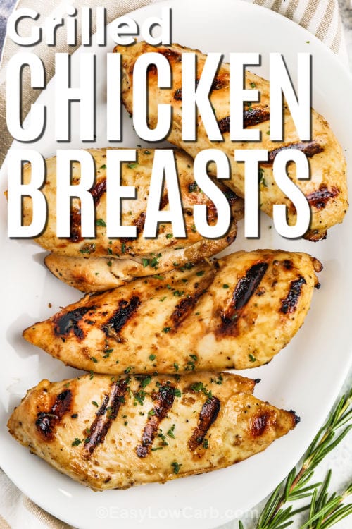 Grilled Chicken Breasts on a plate with writing