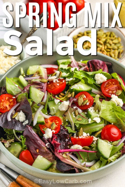 Spring Mix Salad in a bowl with pumpkin seeds and writing