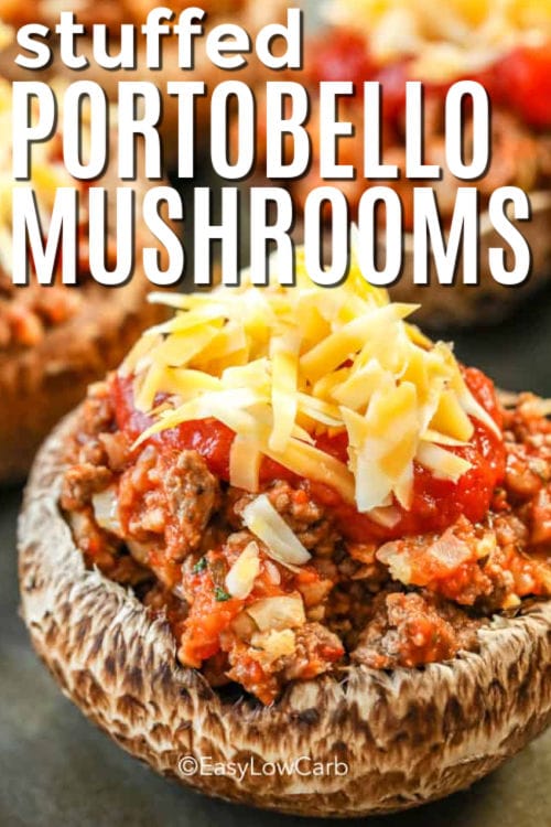 stuffed portobello mushroom recipe before being baked, with a title