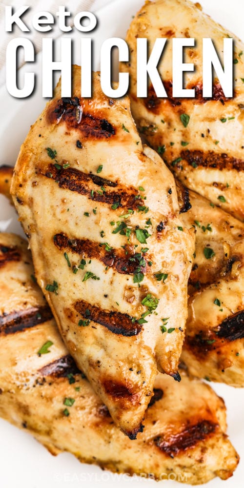 close up of tender Grilled Chicken Breasts with a title