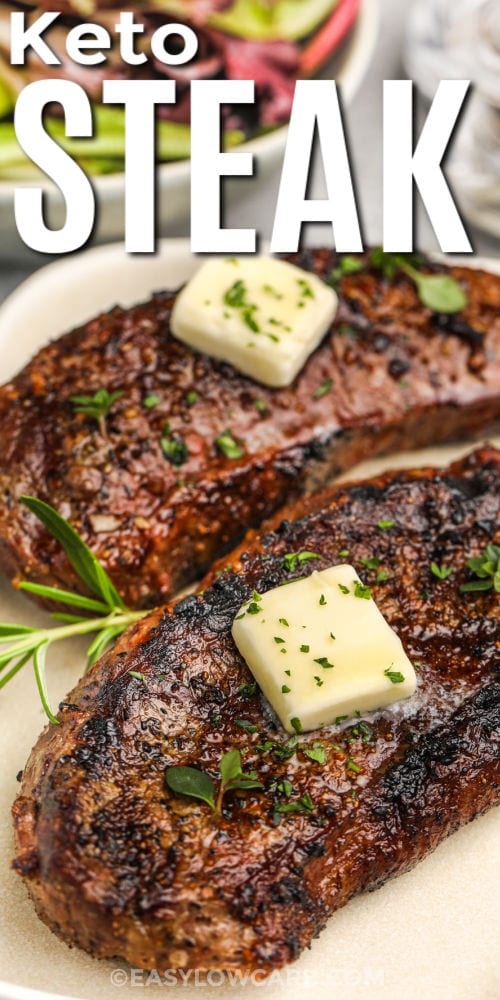 Grilled Sirloin Steak with butter and a title