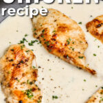 cooked Ranch Chicken in a pan with a title