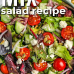 plated Spring Mix Salad with feta and a title