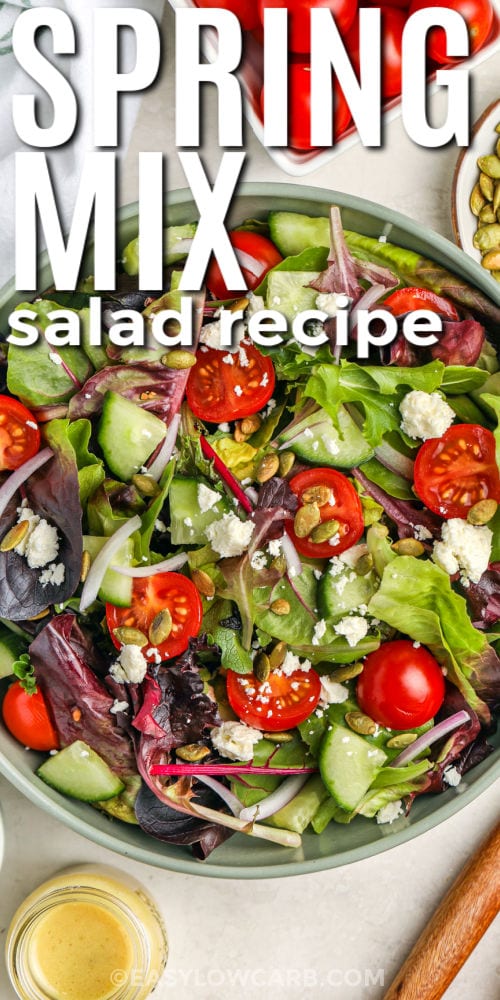plated Spring Mix Salad with feta and a title