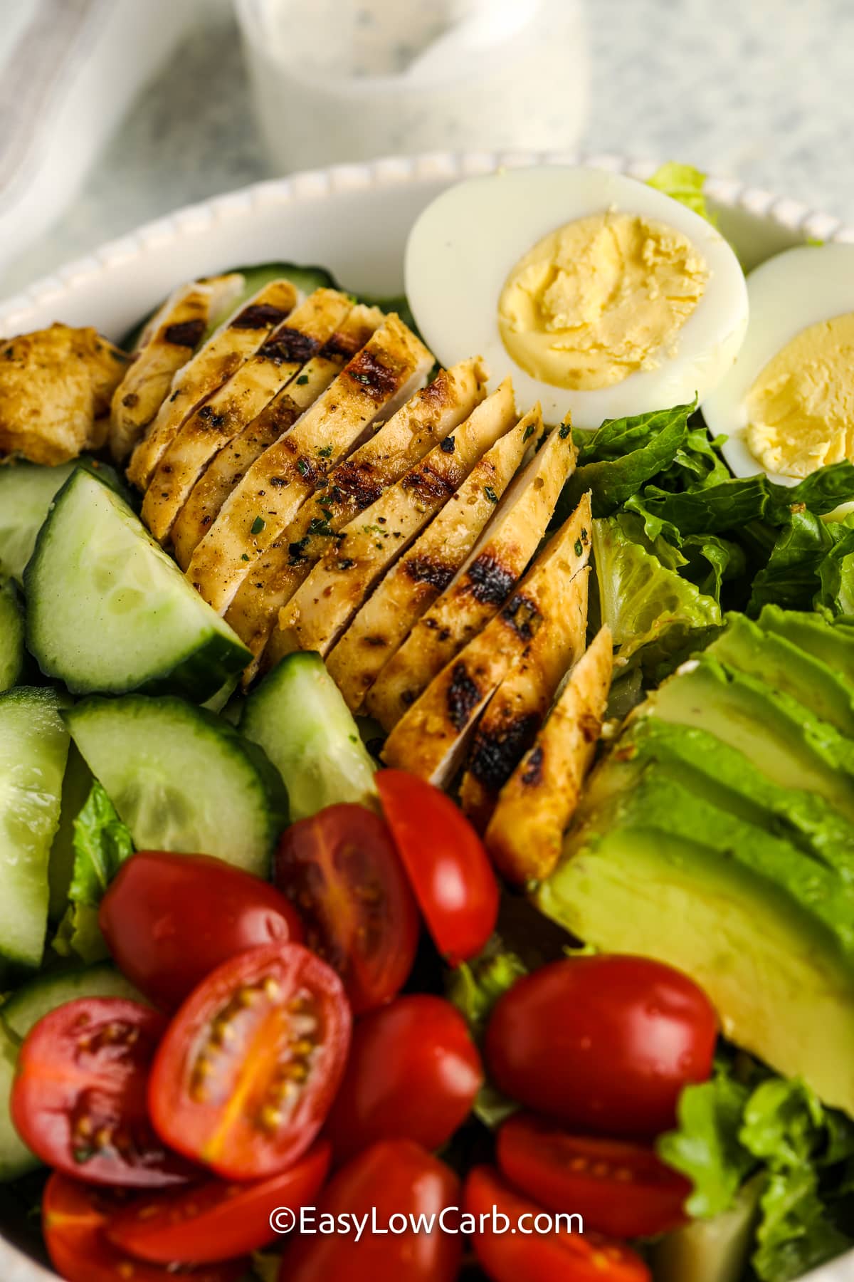 close up image of grilled chicken salad