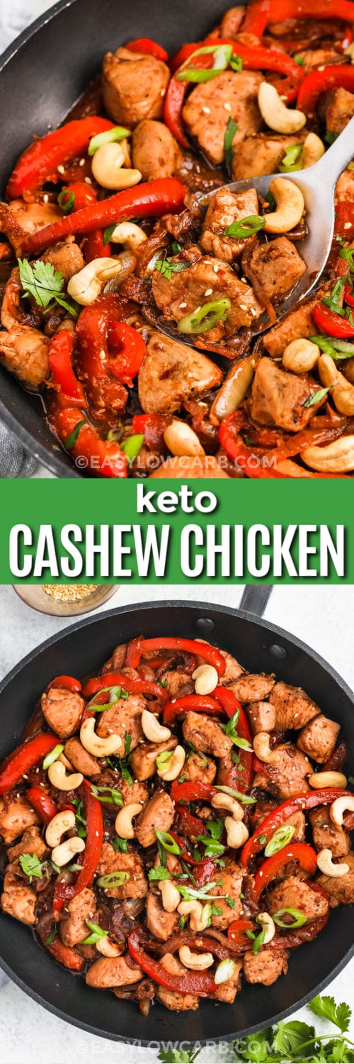 Cashew Chicken Recipe in the pan and close up with a title