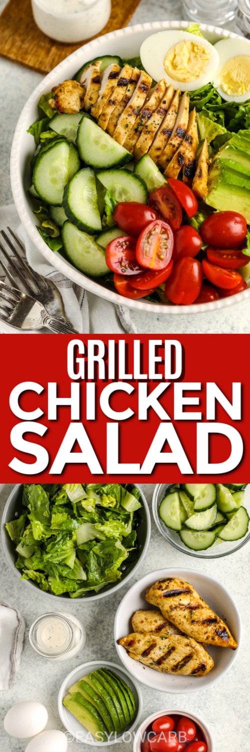 grilled chicken salad and ingredients with text