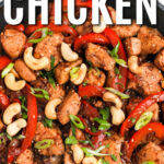 pan of Cashew Chicken Recipe with a title
