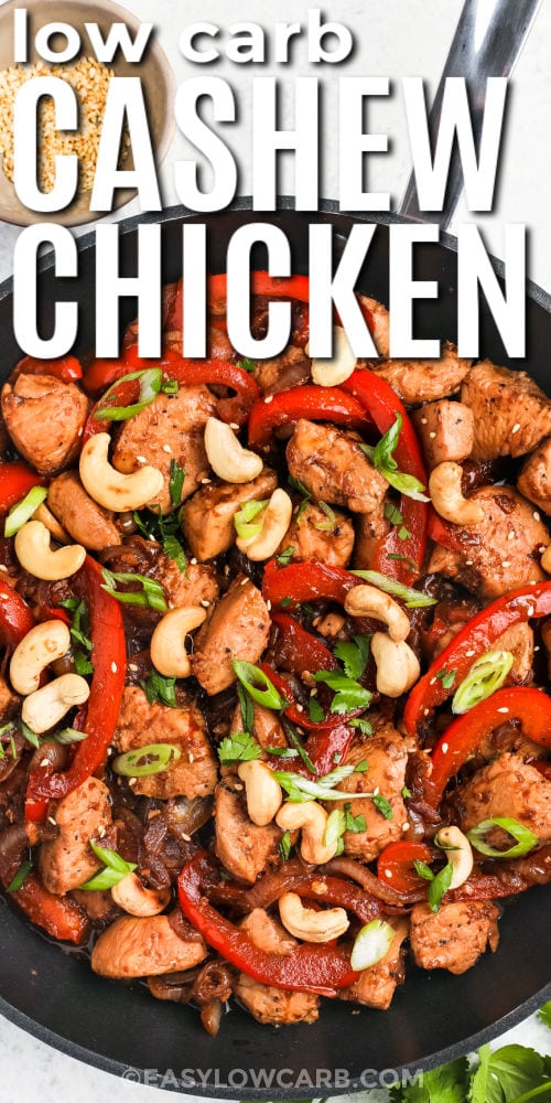 pan of Cashew Chicken Recipe with a title