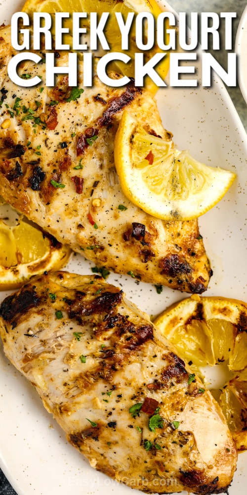 greek yogurt chicken on a plate with text