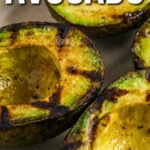 grilled avocado on a dish with text