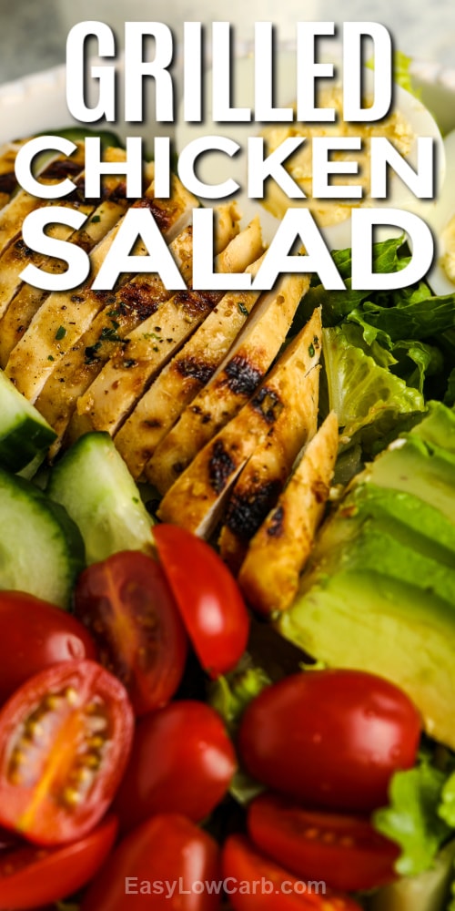 close up of grilled chicken salad with text