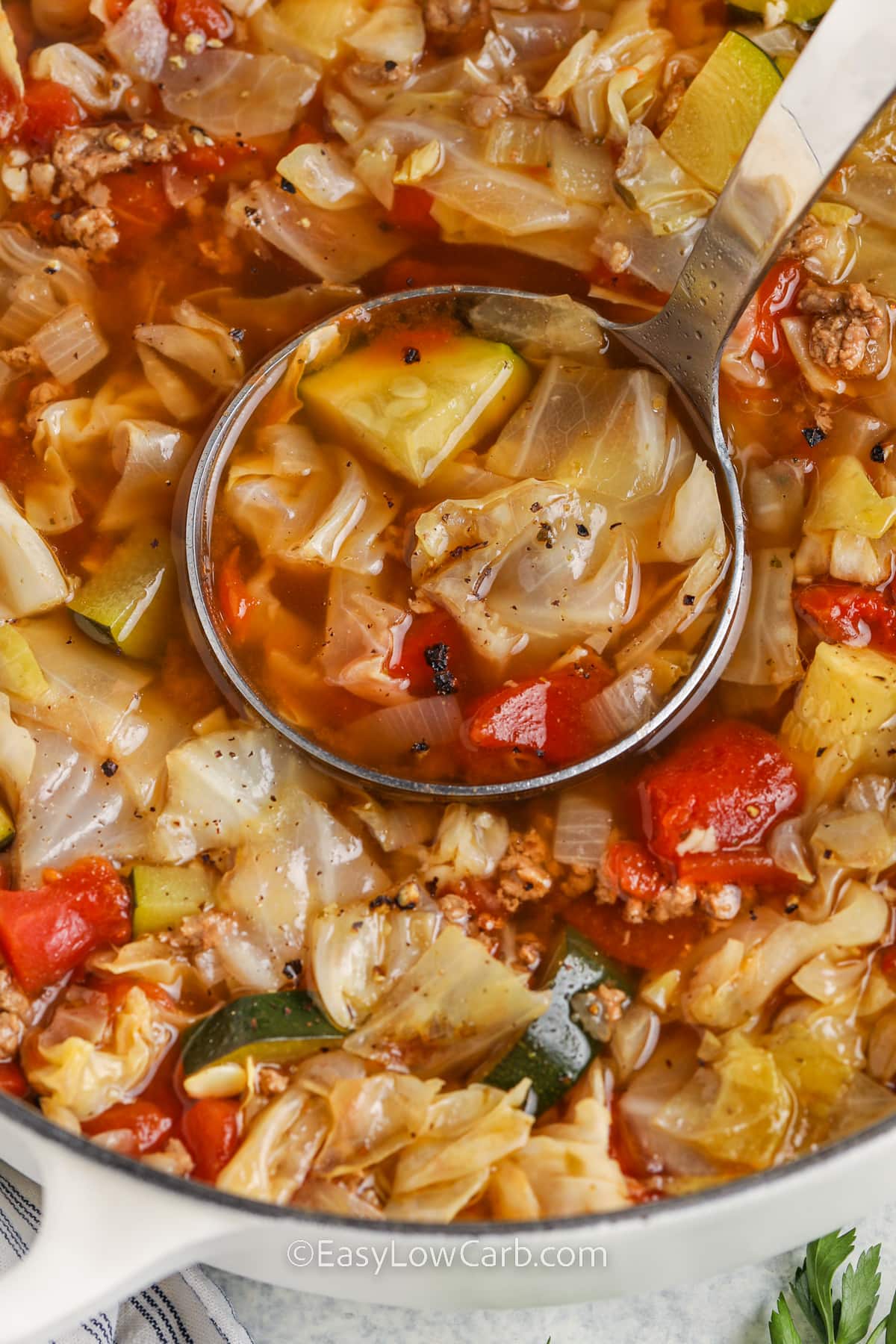 ground beef soup being served