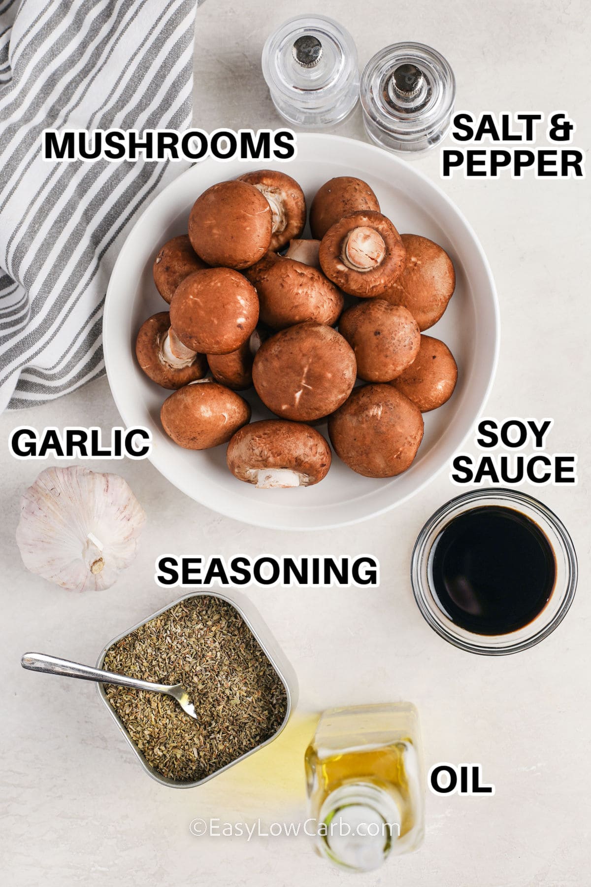 mushrooms , salt and pepper , garlic , seasoning , soy sauce and oil with labels to make Air Fryer Mushrooms