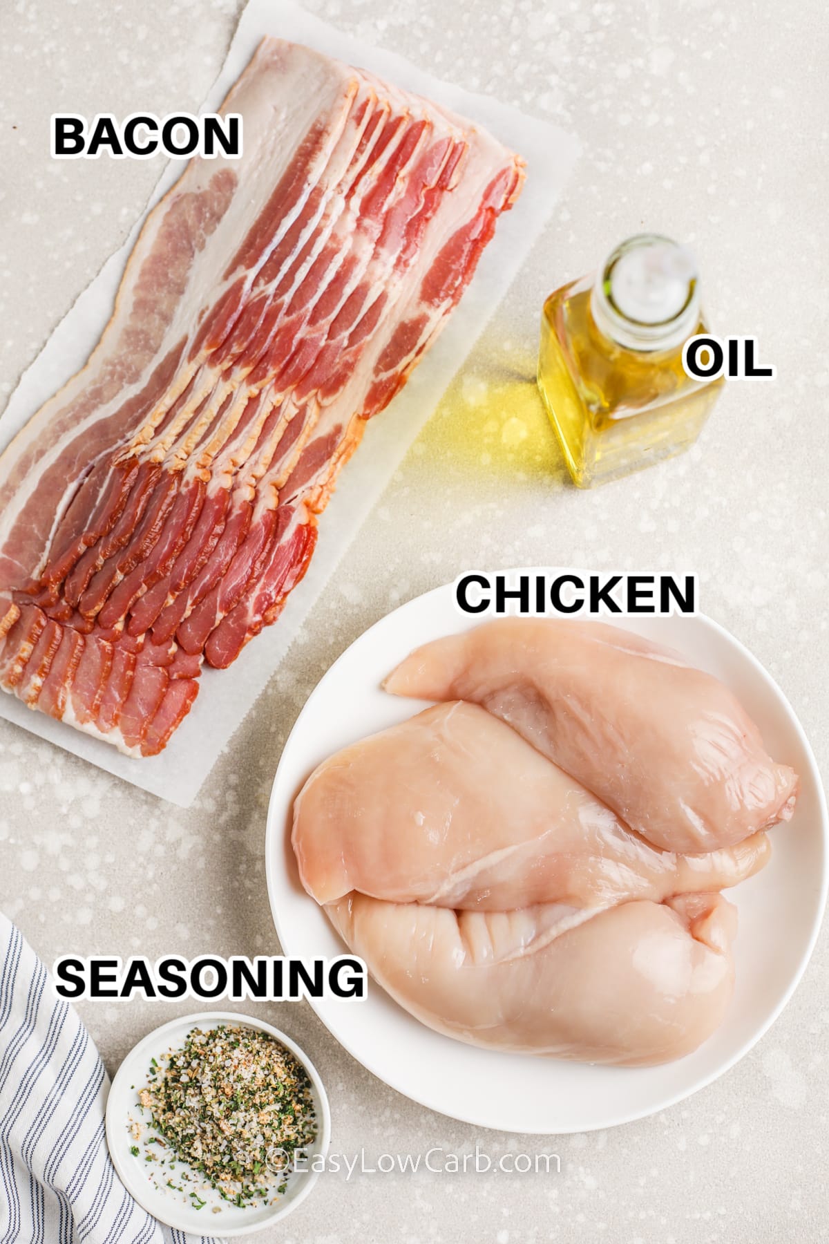 bacon, oil, chicken, and seasoning to make bacon wrapped chicken