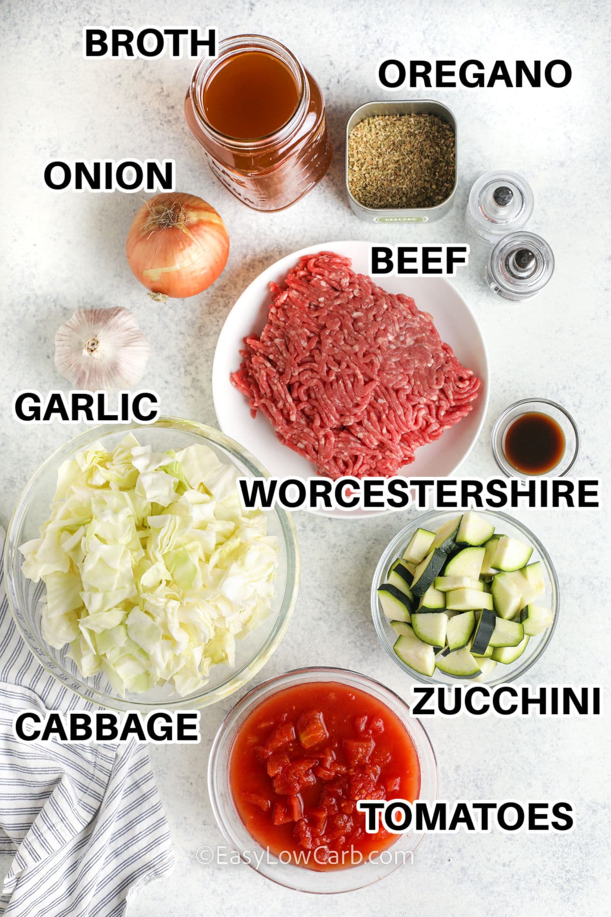 ingredients to make ground beef soup labeled