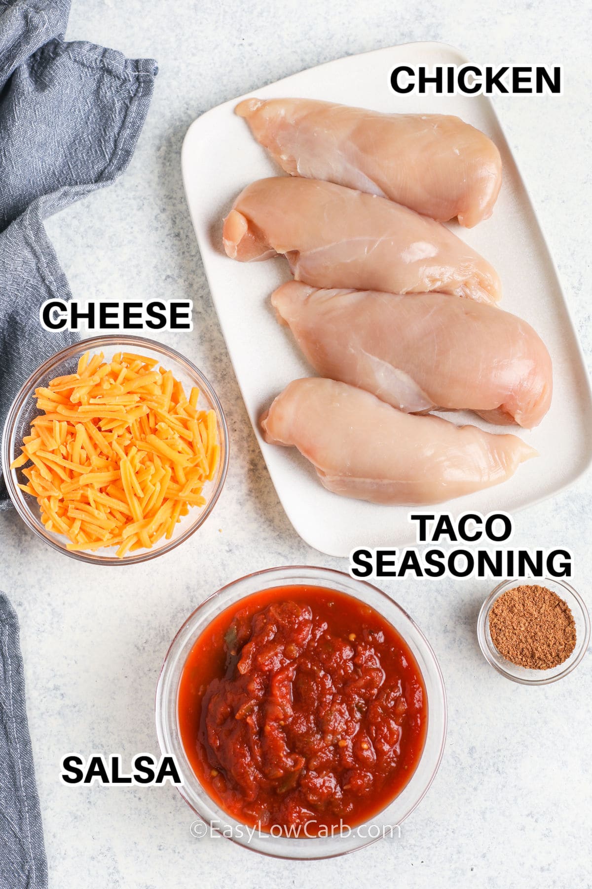 chicken , cheese , taco seasoning and salsa with labels to make Salsa Chicken Recipe