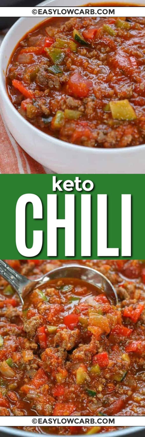 Keto Chili Recipe in the pot and plated with a title