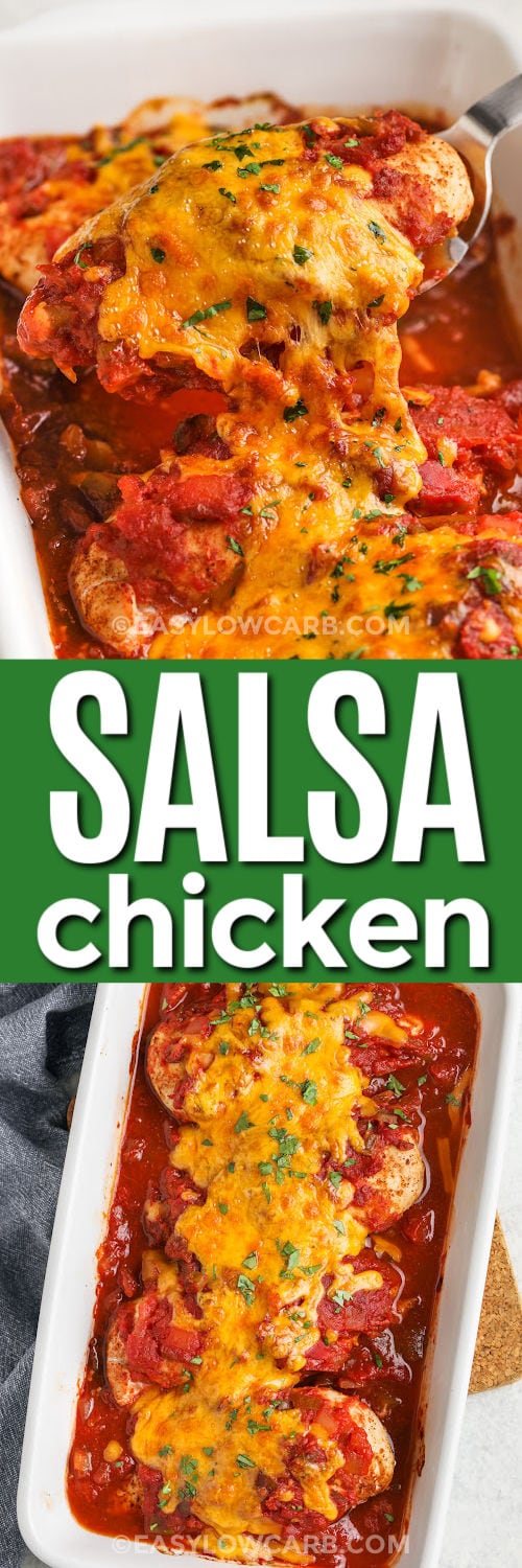 taking a piece of Salsa Chicken Recipe out of the dish and full cooked dish with a title