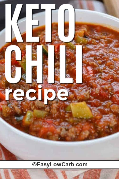 plated Keto Chili Recipe with a title