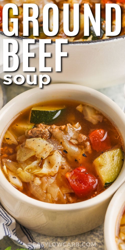 A bowl of ground beef soup with text