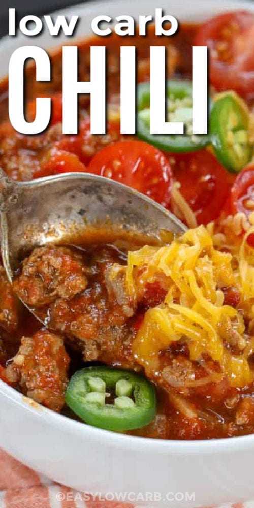 close up of cheesy Keto Chili Recipe with writing