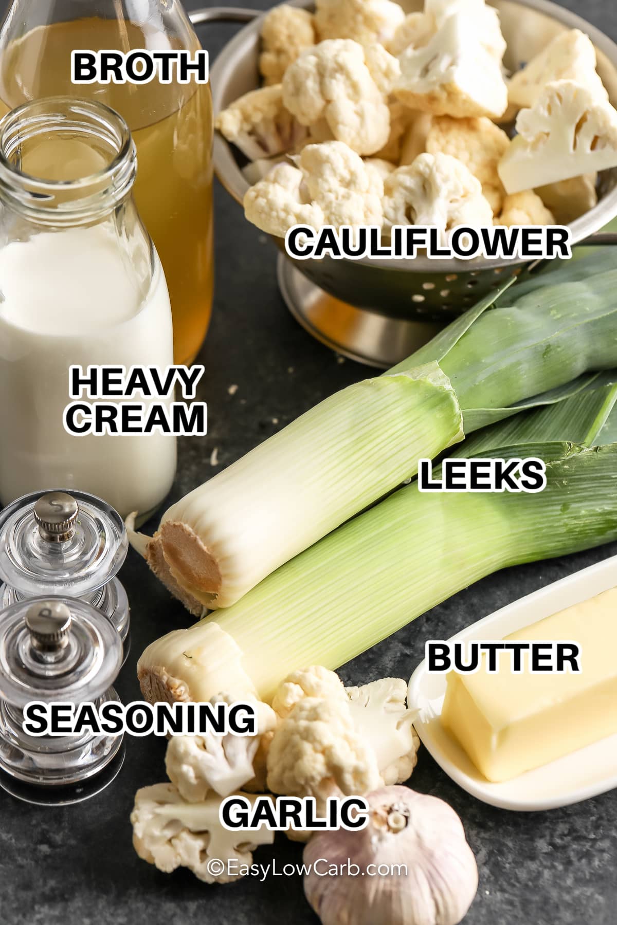 Labeled ingredients to make cauliflower leek soup