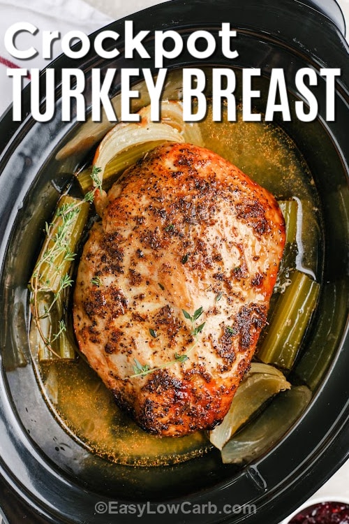 A turkey breast cooked in a crockpot with text