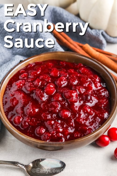 Keto Cranberry Sauce in a bowl with writing